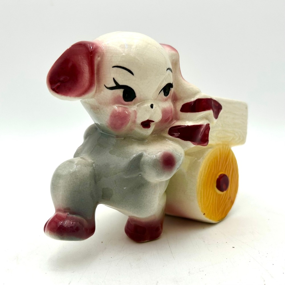 Vintage MCM Shawnee Pottery 5" Planter Puppy Pulling Cart Wagon Ceramic Nursery